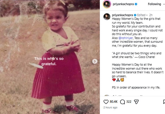 Priyanka Chopra Jonas celebrates women who run her world