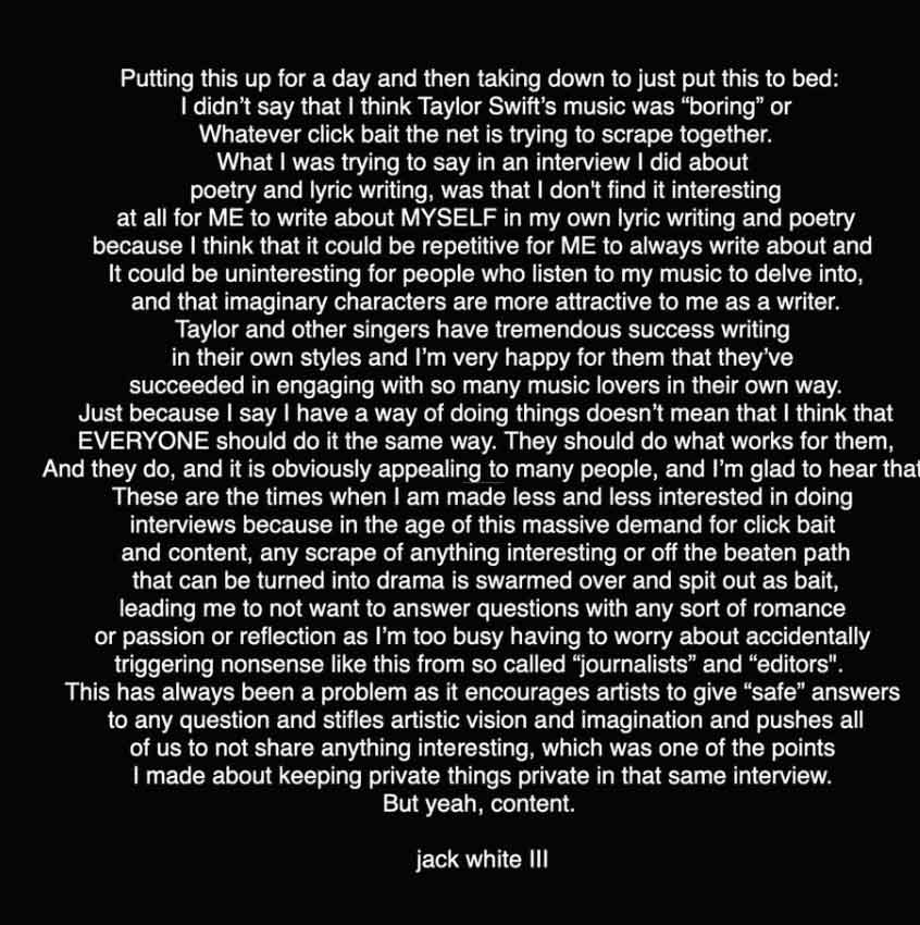 Jack White deletes Instagram post after clarifying comments on Taylor Swift music