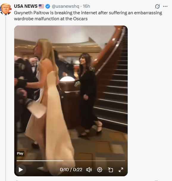 Gwyneth Paltrow raises eyebrows with wardrobe malfunction at Oscars