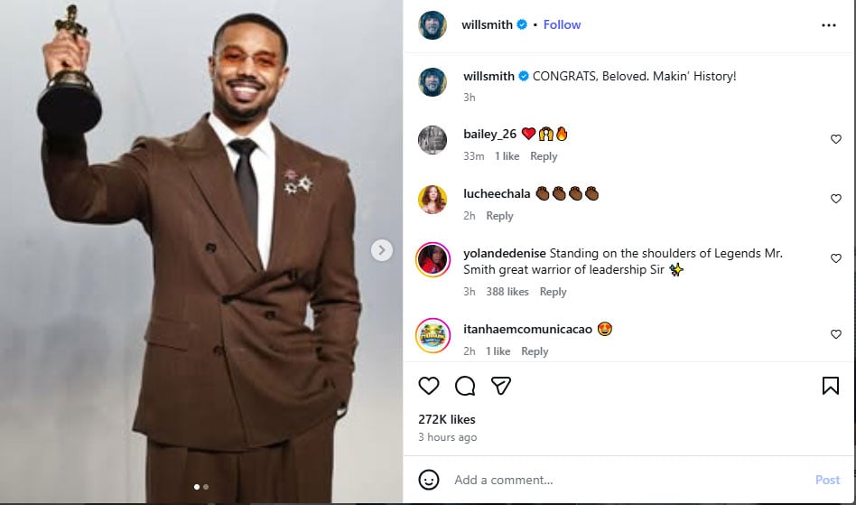 Will Smith reacts to Michael B. Jordans first Oscar victory