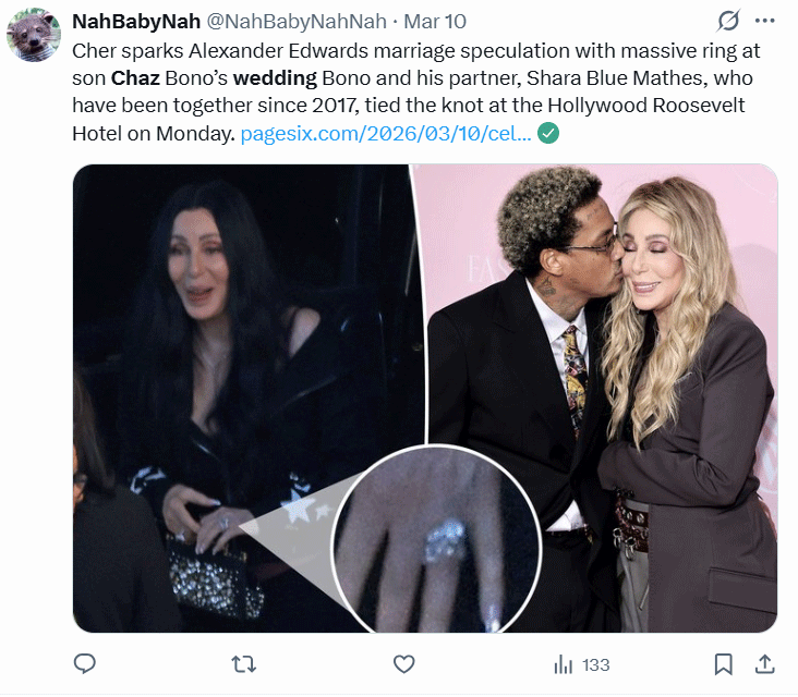 Chers new diamond ring sparks curiosity about her love life with beau Alexander Edwards