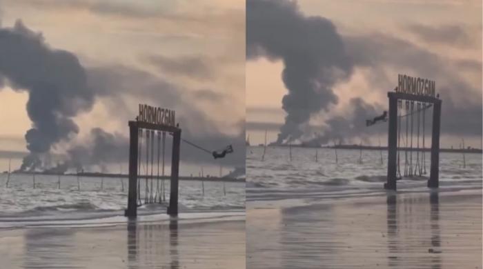 Viral clip: Iranian girl swings calmly amid smoke near Strait of Hormuz