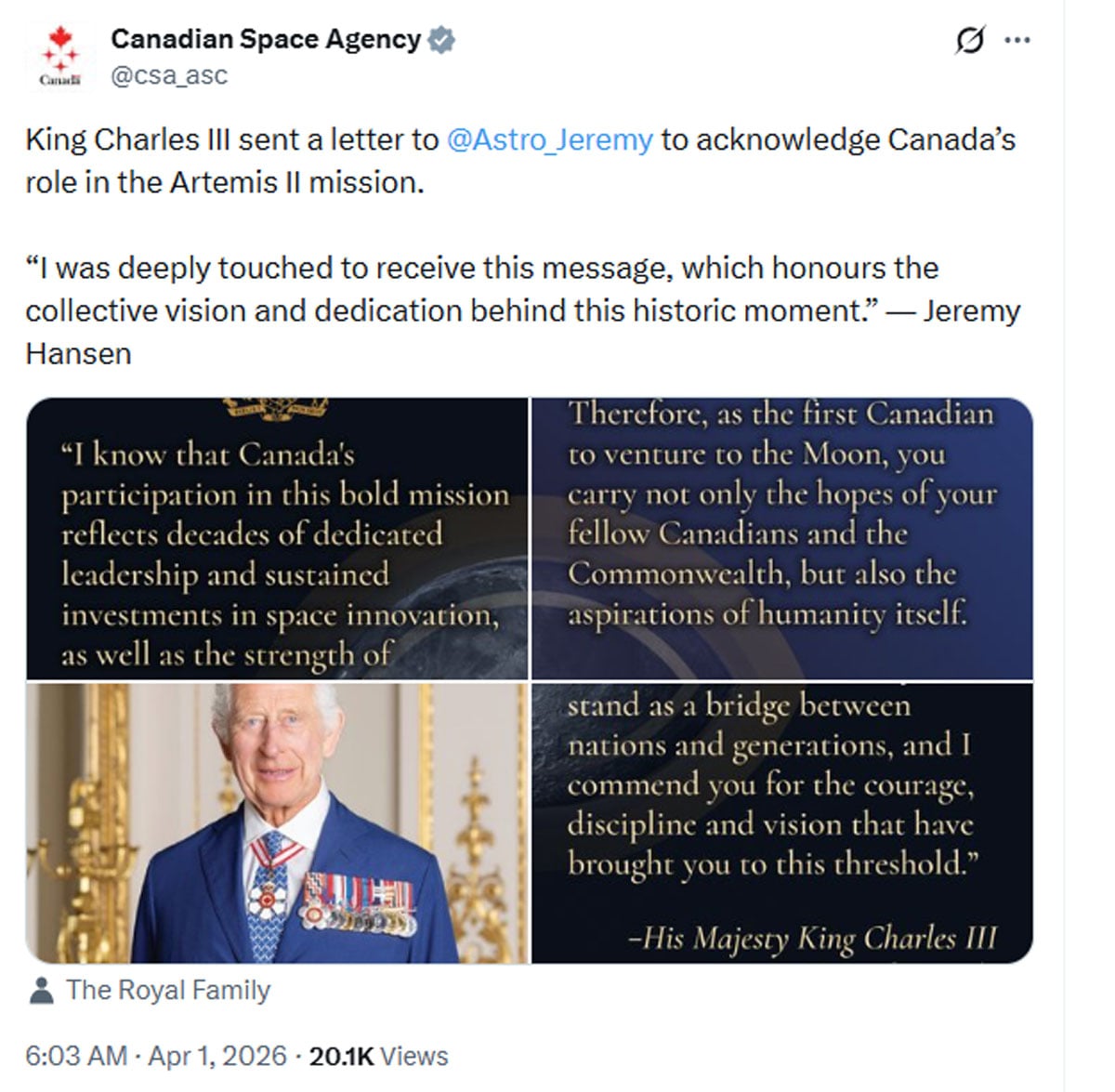 Artemis II Mission: King Charles sends letter to astronaut Jeremy Hansen