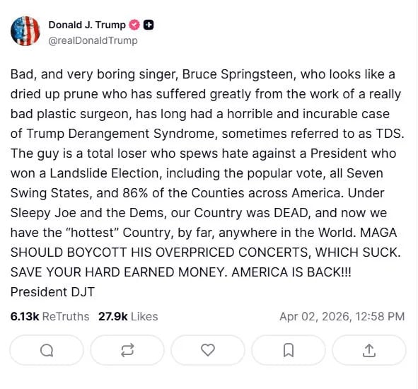 Donald Trump fires back at Bruce Springsteen with personal jabs: Incurable case of Trump Derangement Syndrome