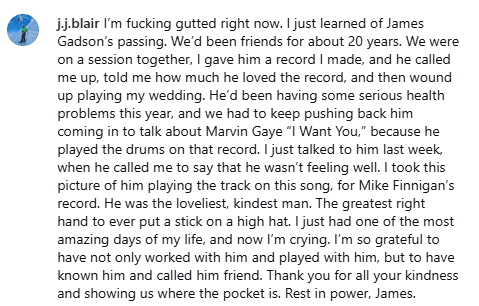 Music legend James Gadson receives numerous tributes after death