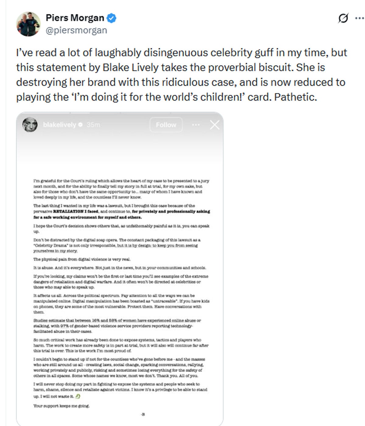 Blake Livelys statement sparks response from Piers Morgan after her legal setback