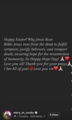 Mary Cosby shares emotional message as she marks first Easter without son