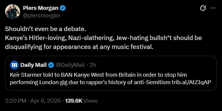 Ban Kanye West: Heres why Piers Morgan urges swift action ahead of Wireless Festival