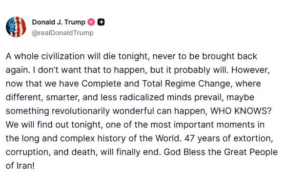 A whole civilization will die tonight’: Trumps Truth Social post interpreted