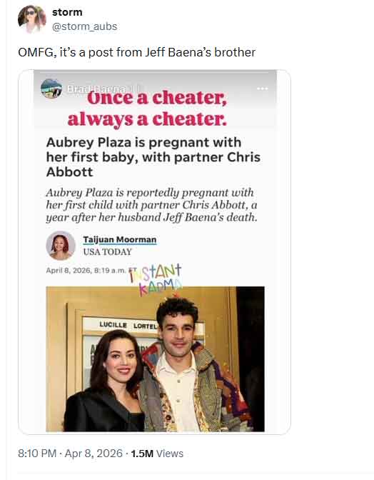 Aubrey Plaza called cheater by ex-husbands brother after pregnancy announcement