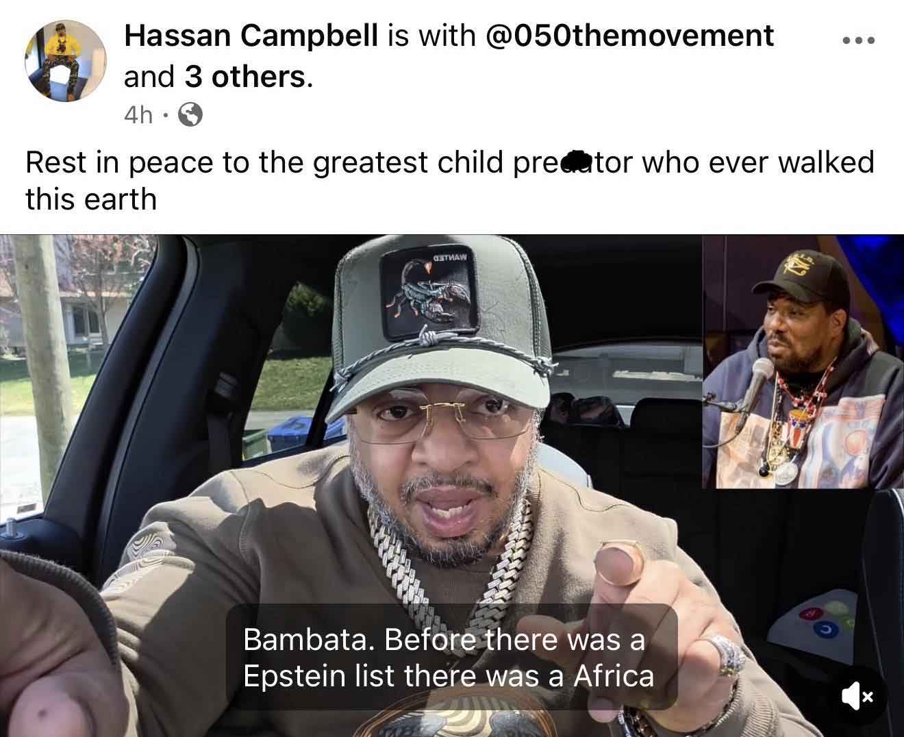 Hassan Campbell compares Afrika Bambaataa to Epstein after hip-hop legends death