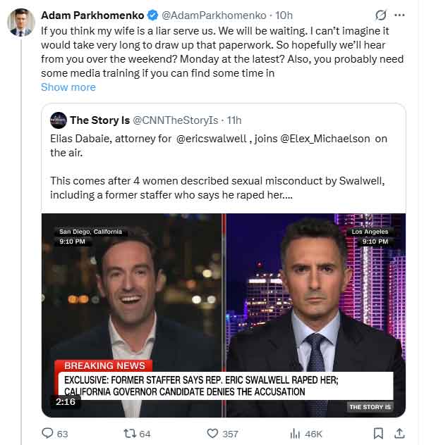 Ally Sammarcos husband lauded for supporting wife after Eric Swalwell allegations