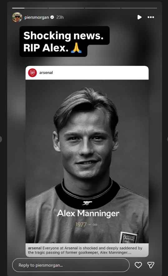 Piers Morgan reacts to ​Alex Manningers death in car accident
