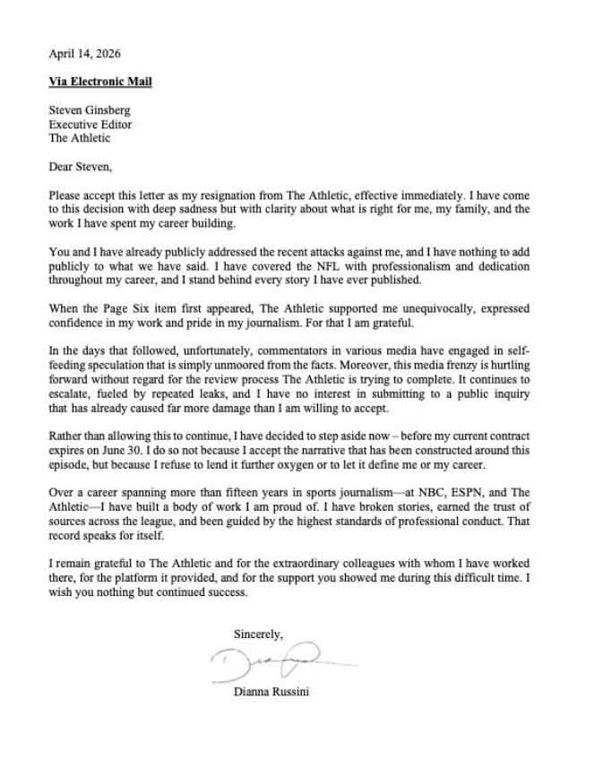 Dianna Russinis resignation shared on her X account