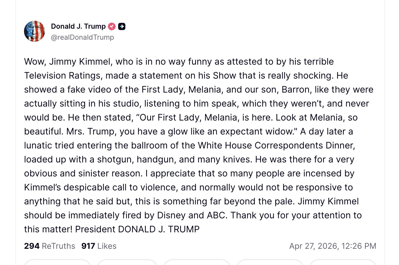 Trump erupts at Jimmy Kimmel, calls for action over Melania expectant widow jab