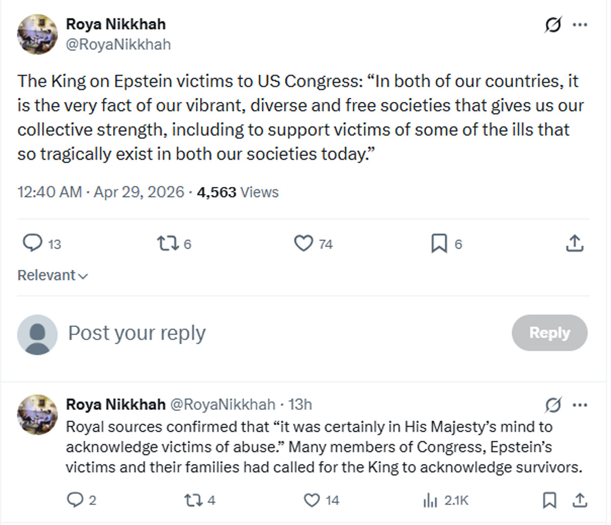 King Charles subtly mentions Epstein victims in US Congress
