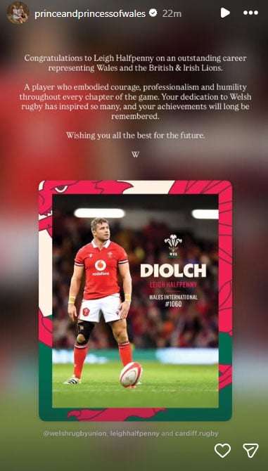 Prince William breaks silence on rugby icon Leigh Halfpenny's retirement news