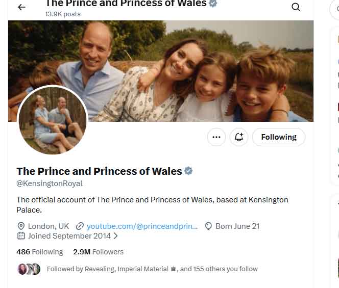 Screenshot of Prince William and Kate Middletons X account taken on May 15, 2026
