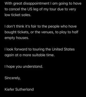 Kiefer Sutherland makes devastating announcement about Love Will Bring You Home tour