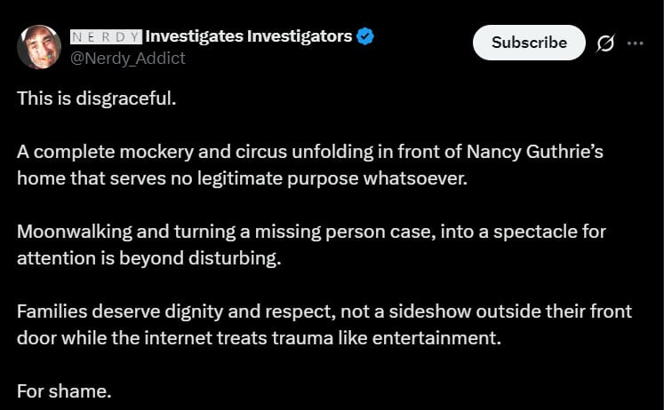 Nancy Guthrie update: Man moonwalking outside her home sparks furious backlash
