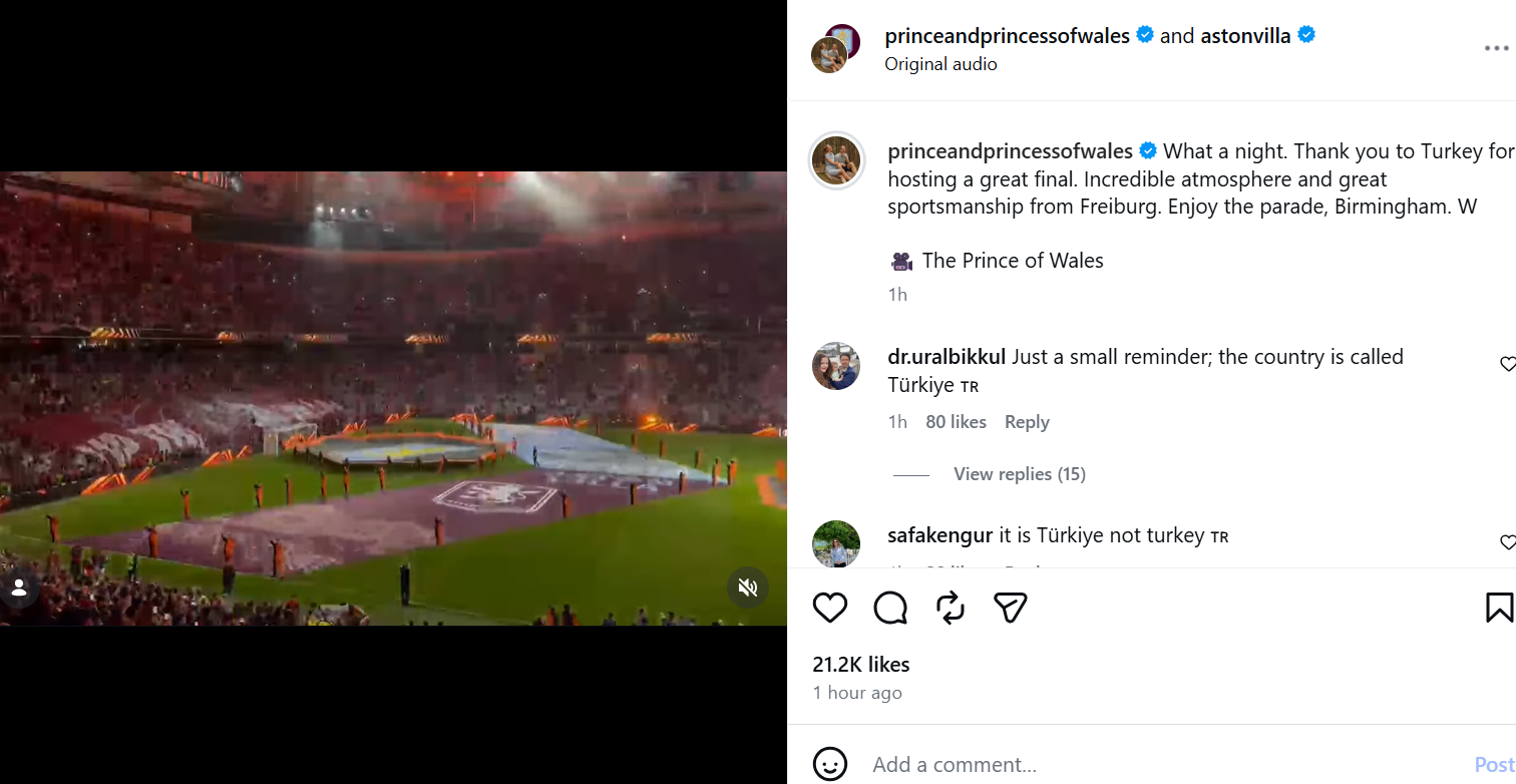 Prince William issues a personal statement after Aston Villa won Europa League