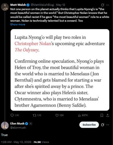 Lupita Nyongo breaks silence after Elon Musk criticism over The Odysseys casting