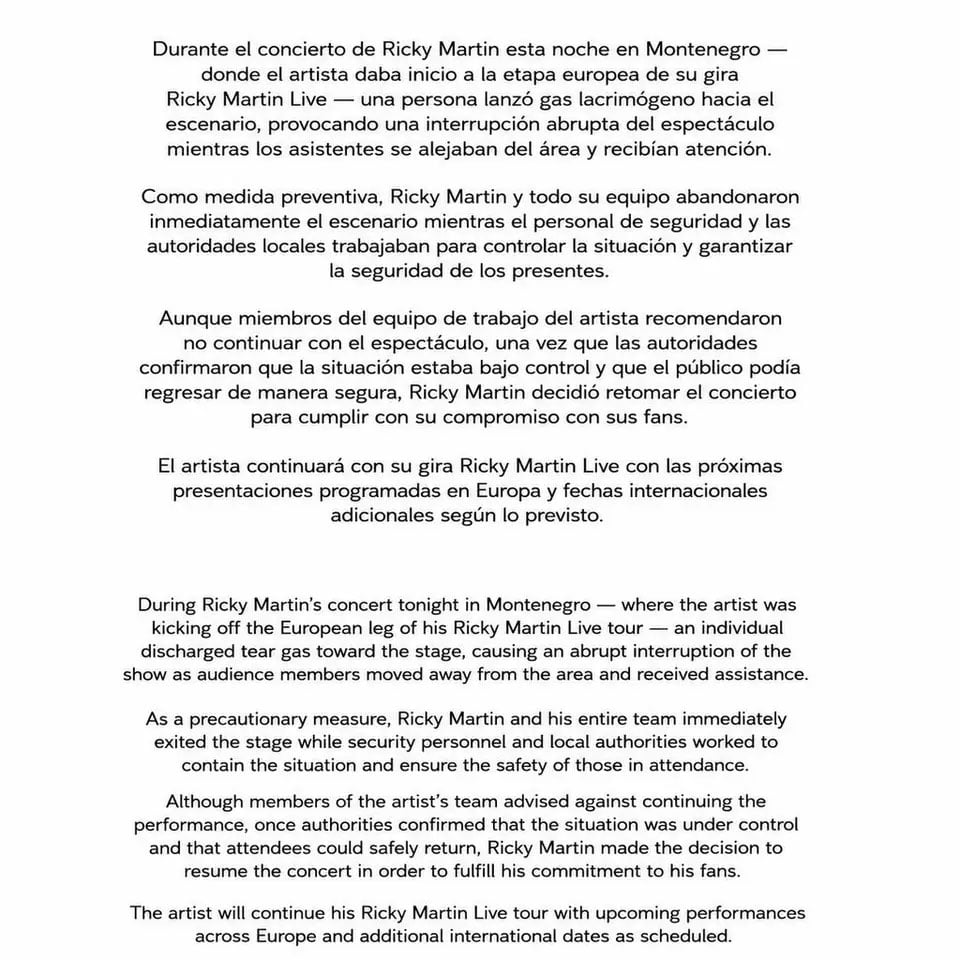 Ricky Martins team breaks silence after concert interrupted over tear gas release