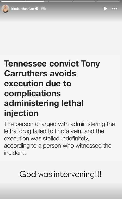 Kim Kardashian says God was intervening after Tony Carruthers execution halted