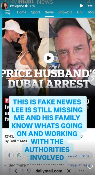 Katie Price reacts to Lee Andrews fathers arrest claims amid missing case