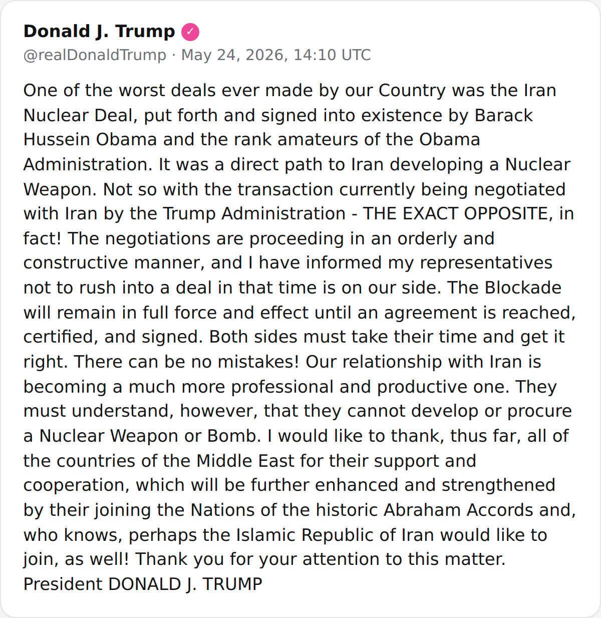 Trump says time is on our side, defends Iran talks and slams Obama deal