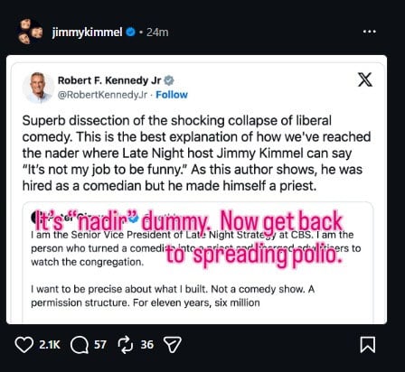 Jimmy Kimmel fires back at Robert F. Kennedy Jr amid Stephen Colbert show fallout