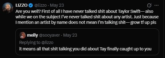 Lizzo responds after fan accuses her of shading Taylor Swift