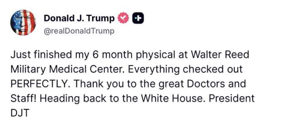 Trump shares physical assessment after skipping son’s wedding