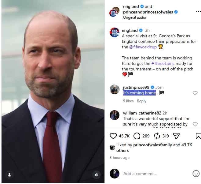 FIFA World Cup is coming home: UK celebrity assures Prince William