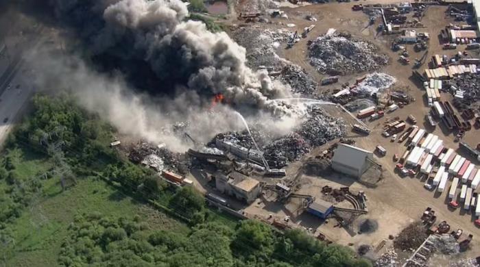 Massive fire breaks out at Brampton scrap metal yard near Pearson Airport