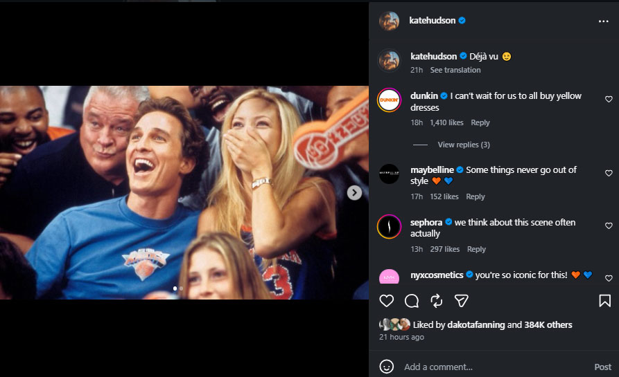 Kate Hudson takes fans back to iconic Matthew McConaughey rom-com moment