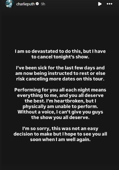 Charlie Puth admits hes heartbroken after unexpected setback