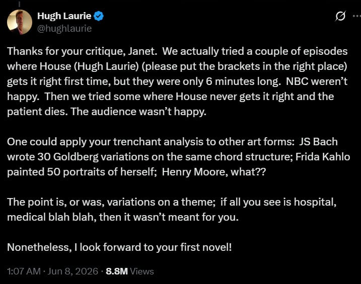 Hugh Laurie defends House against critics savage attack