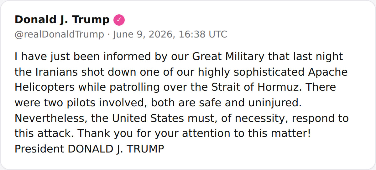 Trump promises retaliation after Iran shoots down Apache helicopter