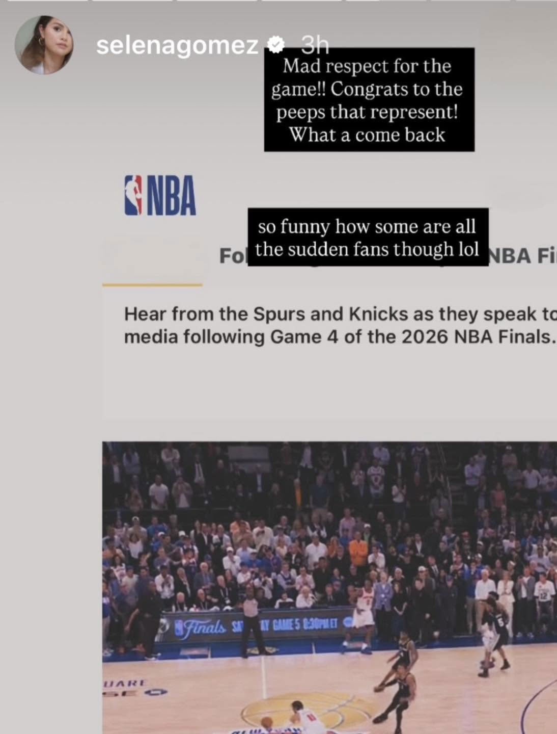 Selena Gomez and Taylor Swift react very differently to Knicks vs. Spurs game