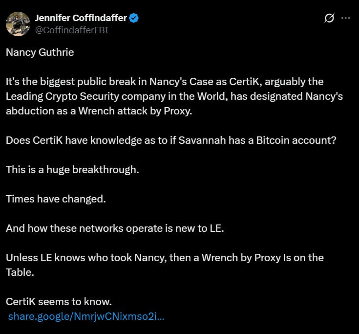 Nancy Guthrie kidnapping takes new turn after crypto security firms statement