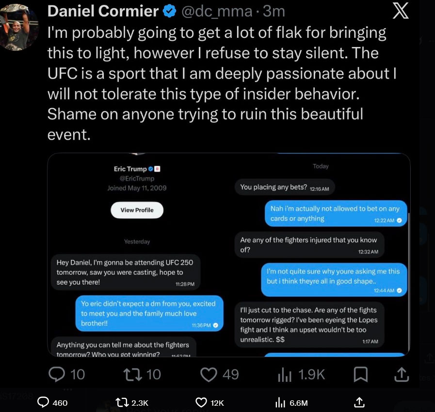Eric Trump breaks silence on viral private UFC messages shared by Daniel Cormier