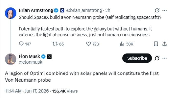 Elon Musk reveals SpaceX vision for self-replicating spacecraft ‘Von Neumann probe’
