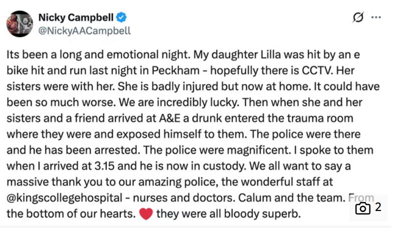 Nicky Campbell addresses daughter’s injuries after hit-and-run