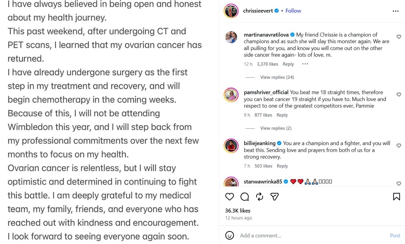 Chris Evert gives sad news after battling cancer twice
