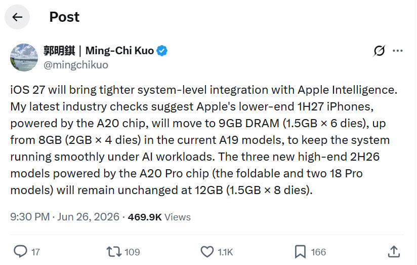 Base iPhone 18 likely to feature 9GB RAM, leak suggests
