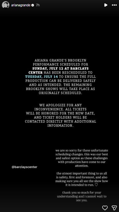 Ariana Grande issues unfortunate update ahead of Eternal Sunshine upcoming shows