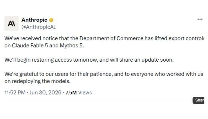 US lifts export ban on Anthropics powerful Fable, Mythos AI models