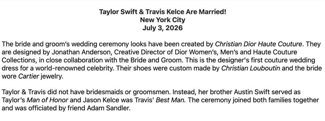 Full text of Taylor Swift wedding press release