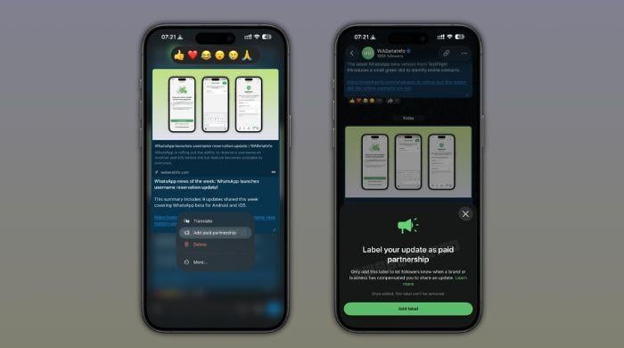 WhatsApp adds paid partnership label to channels
